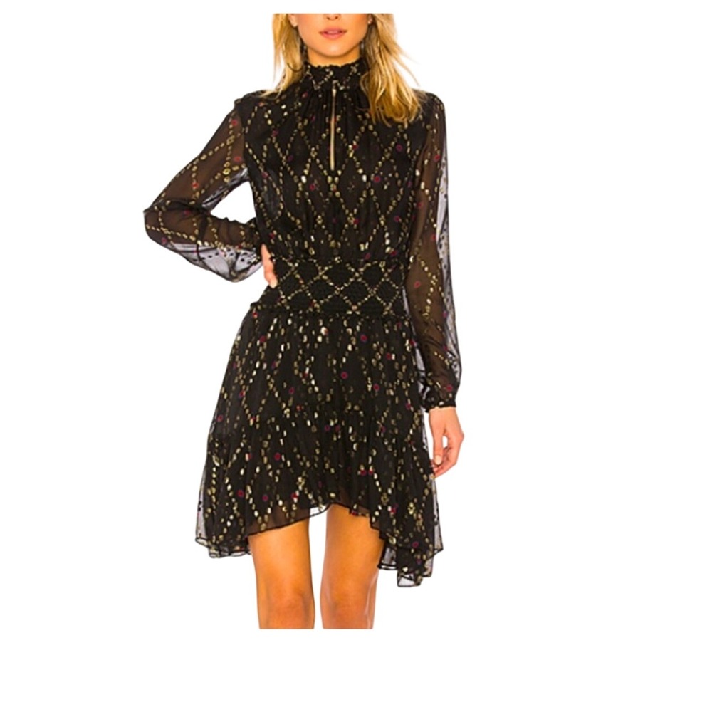 A.L.C Tula Silk Blend Black Gold Metallic Mini Dress High Neck SZ XS